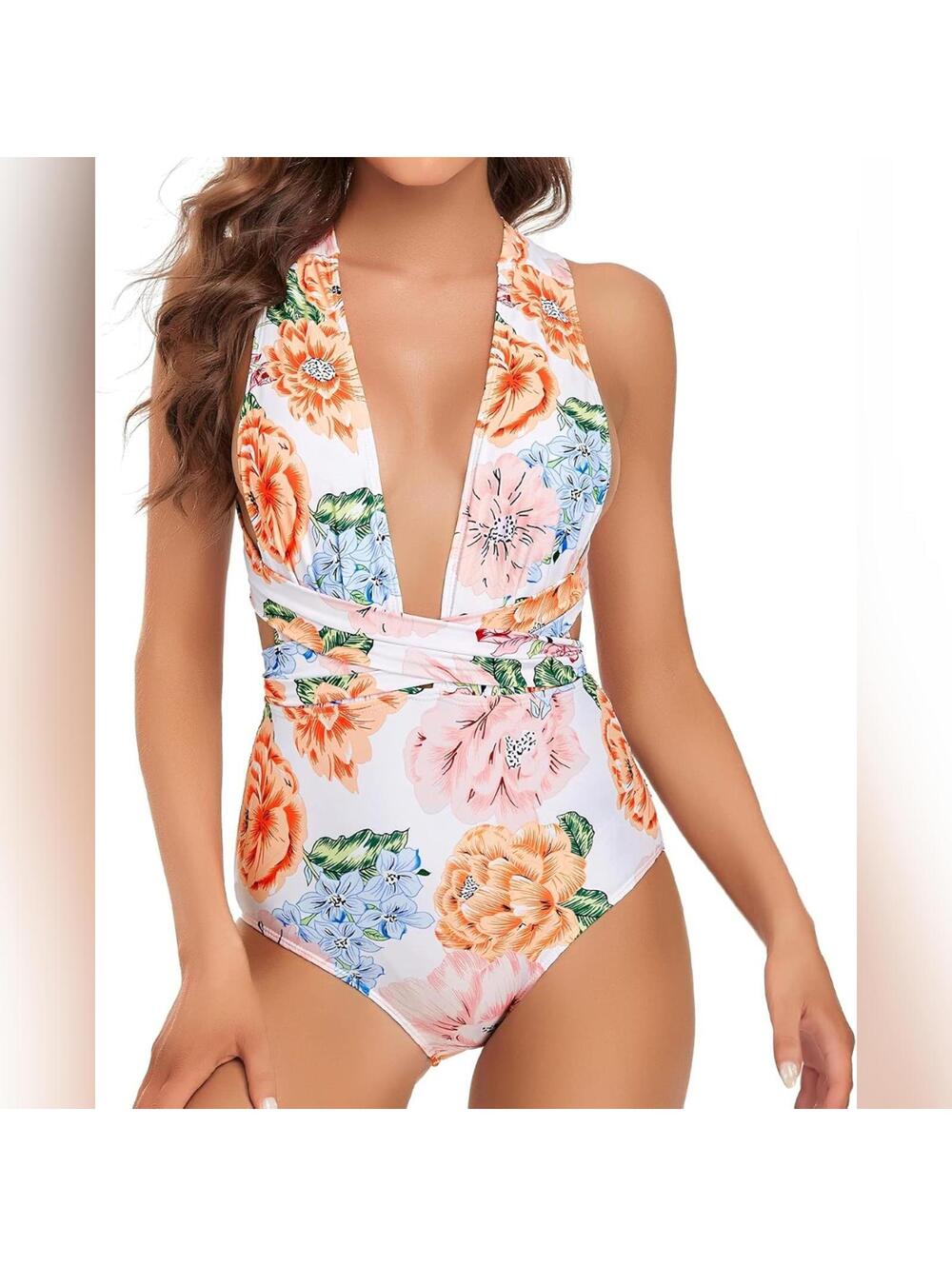 NWT Edel Qual One Piece Plunge V Neck Adjustable Wrap Twist Waist Swimsuit, L